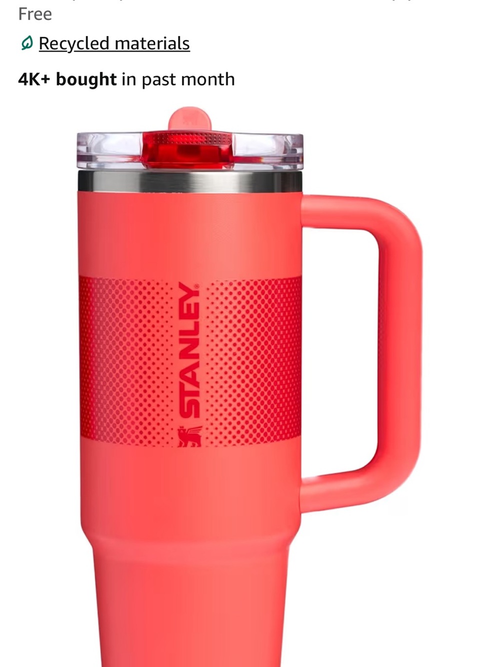 Stanley Coral Travel Mug with Handle and Splash-Resistant Lid. NWT in box.